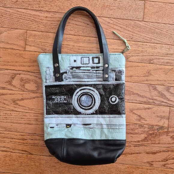 Retro Camera Print Leather Tote Bag Small OOAK One of a Kind Graphic Print - Picture 2 of 13